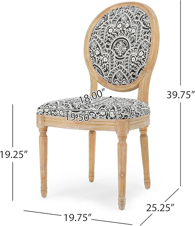 Christopher Knight Home Hulda French Country Fabric Dining Chairs (Set of 4), Black and White Pattern, Natural