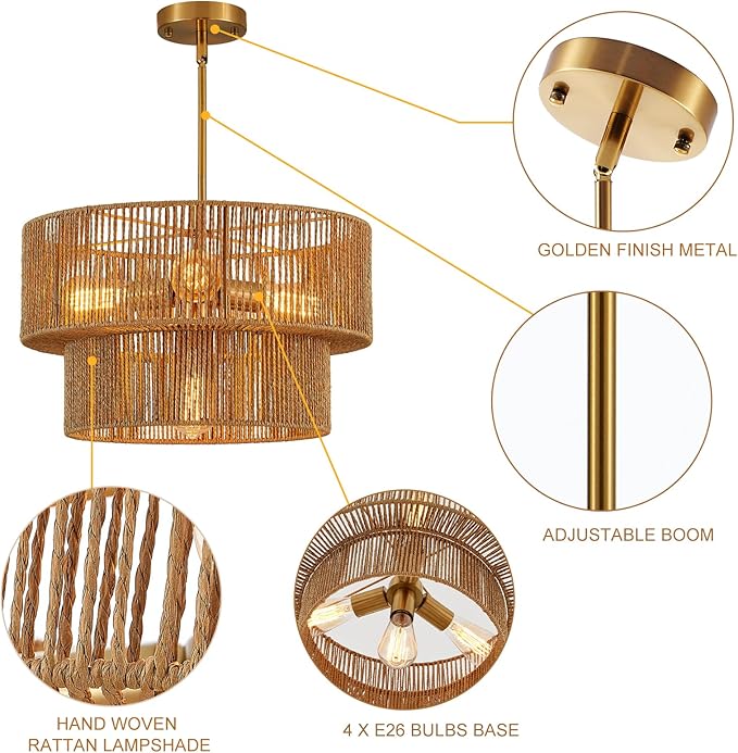17.8" Golden Boho Rattan Chandelier Light Fixture 4-Light Hand-Woven Bamboo Vintage Farmhouse Chandelier Drum Wicker Chandeliers for Dining Room, Living Room, Kitchen Island,Bedroom,Foyer
