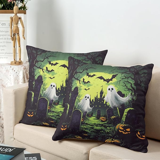 2 Pack Halloween Pillow Covers 20x20 Graveyard Ghost Throw Pillow Covers Horror Spooky Green Full Moon Night Pillow Case Bat Pumpkin Cushion Case for Holiday Party Decor Couch Sofa