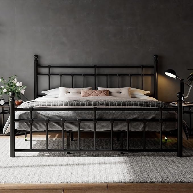 Feonase King Size Metal Platform Bed Frame with Victorian Classic Iron-Art Headboard & Footboard, 12" Under Bed Storage, Steel Slats Support, No Box Spring Needed, Easy Assembly, Noise-Free, Black