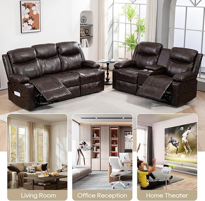 Recliner Sofa Set - Reclining Sofa Couch Set, 2 Pieces Recliner Furniture Sofa Set, 3-Seater Reclining Sofa & 2-Seater Reclining Loveseat with Massage & Heat for Living Room (Brown) | Cup Holder, Side pocket, Storage, Console