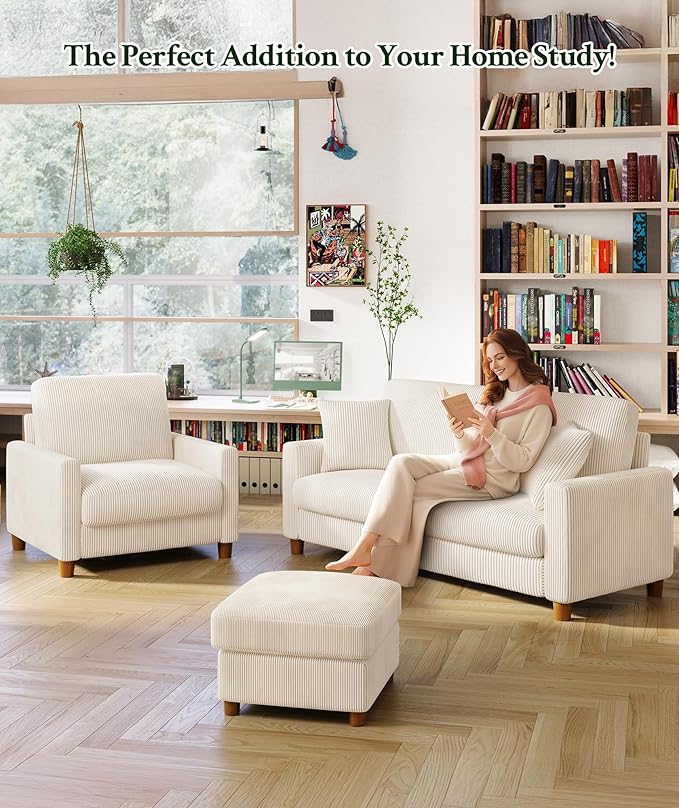 Welzona 25.2" Couches for Living Room, Comfy Beige Ottoman with Storage, Foot Rest Tool-Free Setup, Small Ottoman Foot Rest for Couch, Corduroy Couch for Bedroom, Apartment, Office