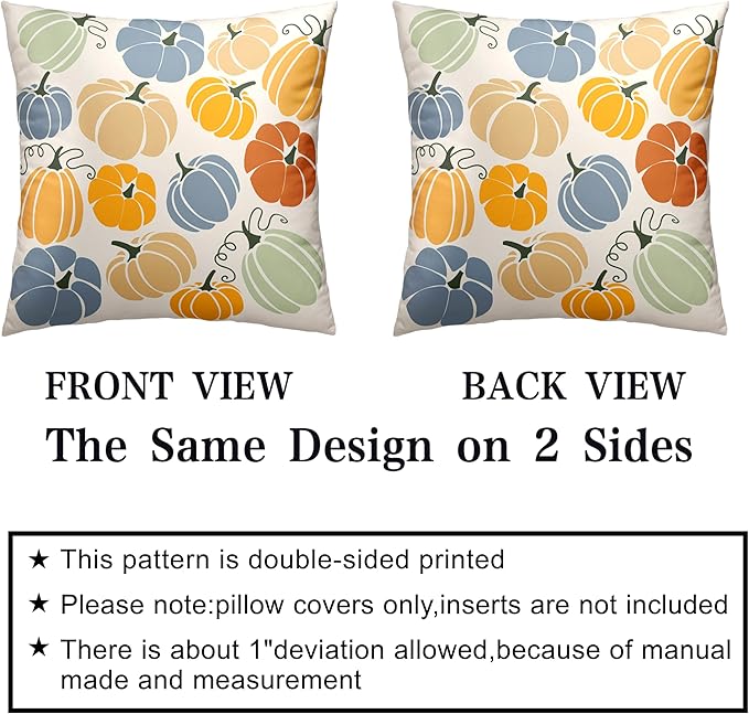Set of 2 Orange Yellow Blue Pumpkins Pillow Covers Fall Throw Pillow Covers 22x22 Colorful Autumn Outdoor Pillow Case Cotton Blend Cushion Case for Couch Patio Bed Car