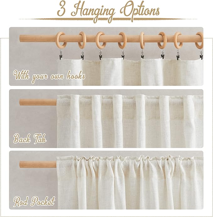 NICETOWN Linen Curtains 90 inches Long, Rod Pocket & Back Tab Semi Sheer Flax Linen Burlap Window Treatments Privacy with Light Filtering for Doorway/Living Room, Natural, W42 x L90, 2 Pieces