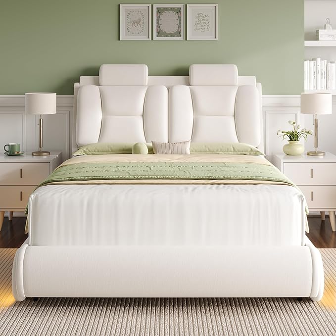 Keyluv Full Led Car Bed Frame with Wheels Decor & Adjustable Curved Headboard Modern Upholstered Platform Bed with Detachable Pillows Solid Wooden Slats Support No Box Spring Needed, Velvet Beige