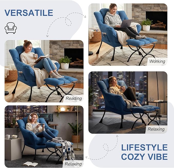 Lazy Chair with Ottoman, Modern Lounge Chair with Lumbar Pillow, Accent Cozy Reading Armchair and Folding Footstool for Bedroom, Dorm, Living Room,Peacock Blue