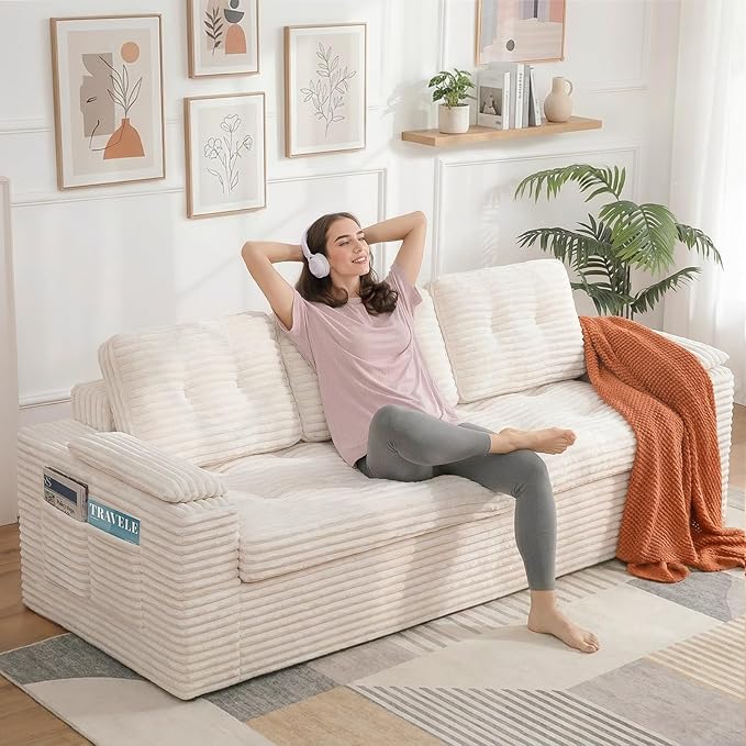 83" Boneless Couch, 3-Seater Cloud Corduroy Sofa in a Box with Deep Tufted Cushions, Zero Assembly, Removable Washable Cover, Family-Friendly Living Room Couch, Beige