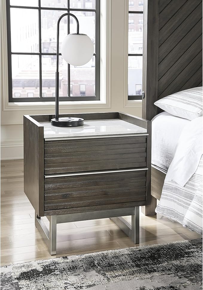 Signature Design by Ashley Arkenton Contemporary Nightstand with Marble Tabletop, White & Dark Brown