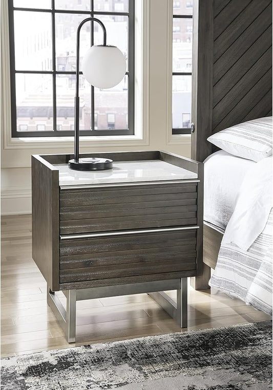 Signature Design by Ashley Arkenton Contemporary Nightstand with Marble Tabletop, White & Dark Brown