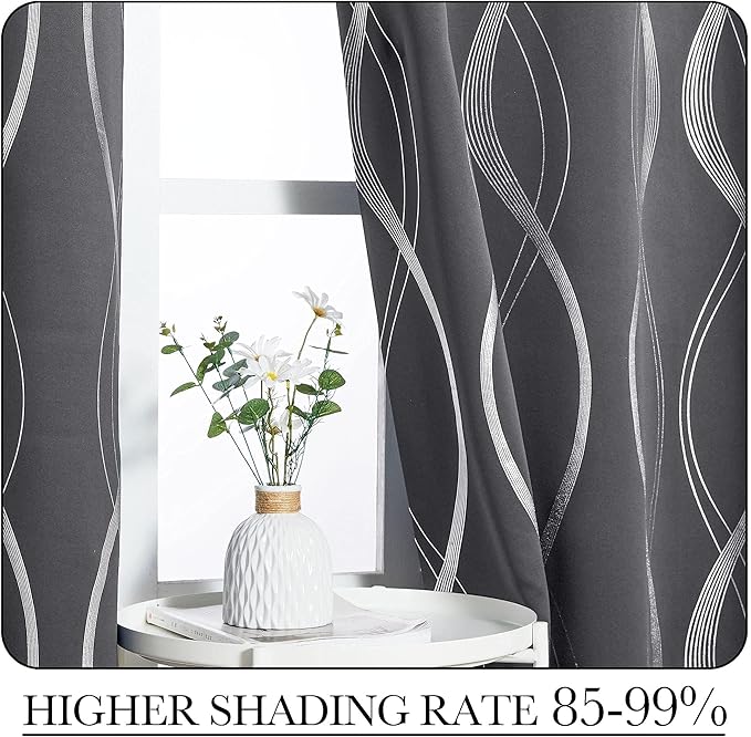 NICETOWN Grey Blackout Striped Pattern Curtains for Living Room 84 inch Long 2 Panels Set, Noise Reducing Thermal Insulated Wave Line Foil Print Bedroom Drapes for Patio Sliding Glass Door (52 x 84)