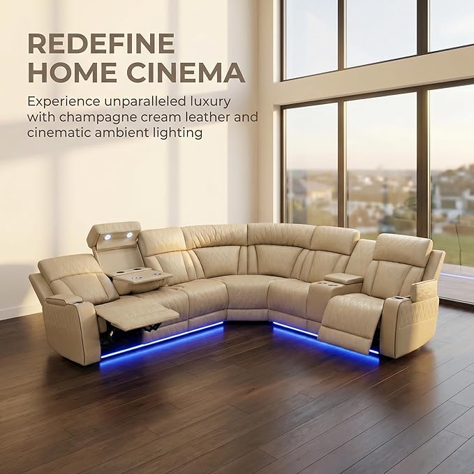 Power Recliner Sectional Sofa with LED Lighting, Breathing Leather Corner Couch with USB Port and Storage Console, Cup Holders, Reading Light – Home Theater & Living Room Seating (Beige)