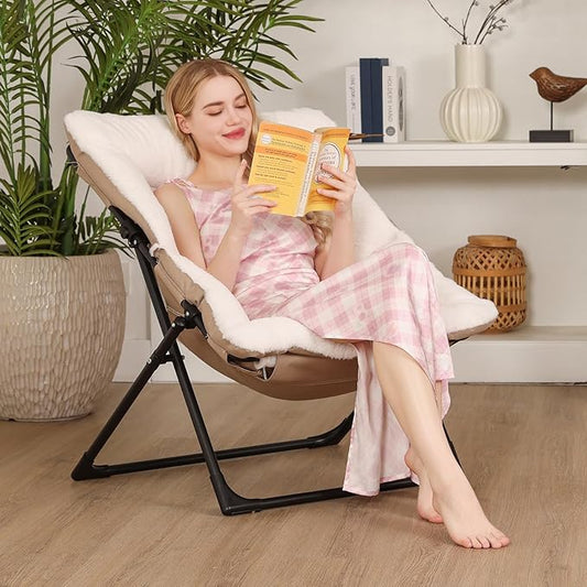 Comfy Saucer Chair for Adults, Soft Faux Fur Bedroom Chair, Accent Dorm Chairs, Flexible Living Room Reading Chairs, Oversized Folding Seat for Teens, X-Large, White