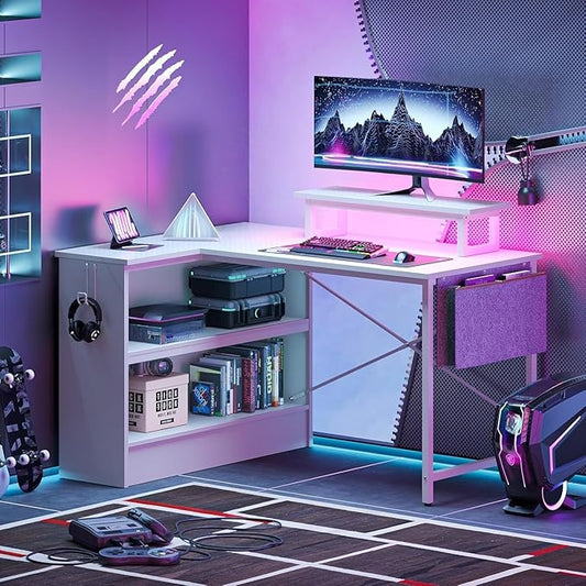 Bestier L Shaped Gaming Desk with LED Lights, 42 Inch Computer Desk with Monitor Stand & Open Storage Cabinet,Writing Study Corner Desk for Home Office Bedroom, White