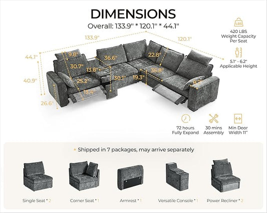 Oversized Modular Sectional Sofa with Double Power Recliner, Cloud Reclining Couch with Headrest, Storage Drawer Charging Cup Holders, Deep L-Shaped 6 Seater with Corner, Chenille, Grey