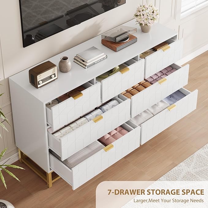 GAOMON Dresser for Bedroom, 53.5" Wide Dresser Organizer, 7 Drawer with Golden Metal Handle and Legs, Modern Chest of Drawers for Closet, Hallway, Living Room, Entryway, White