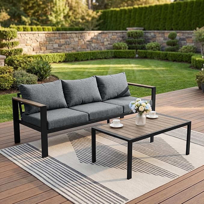 Outdoor Patio Furniture Set 3 Seats Sofa and Coffee Table with Washable Thick Cushions, All-Weather Luxury Aluminum Modern Outside Sectional Set for Porch, Balcony, Deck, Yard, Gray