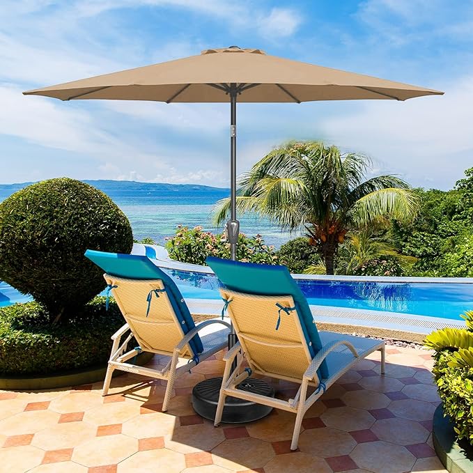 Simple Deluxe 9' Patio Umbrella Outdoor Table Market Yard Umbrella with Push Button Tilt/Crank, 8 Sturdy Ribs for Garden, Deck, Backyard, Pool, Tan