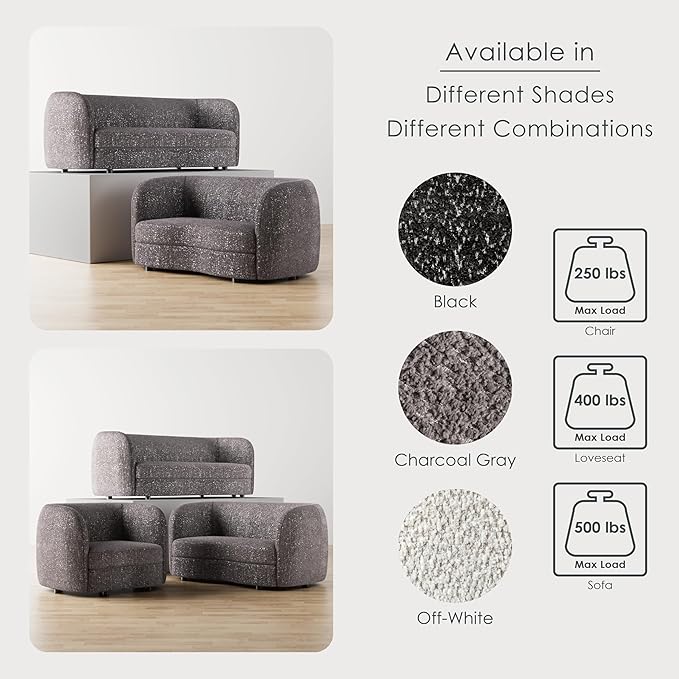 Furniture of America Nimiane Modern Boucle 2 Piece Sofa and Loveseat Set with Curved Arms and Wooden Legs, Accent Furniture Sets for Living Room, Home Office, Bedroom, Charcoal Gray