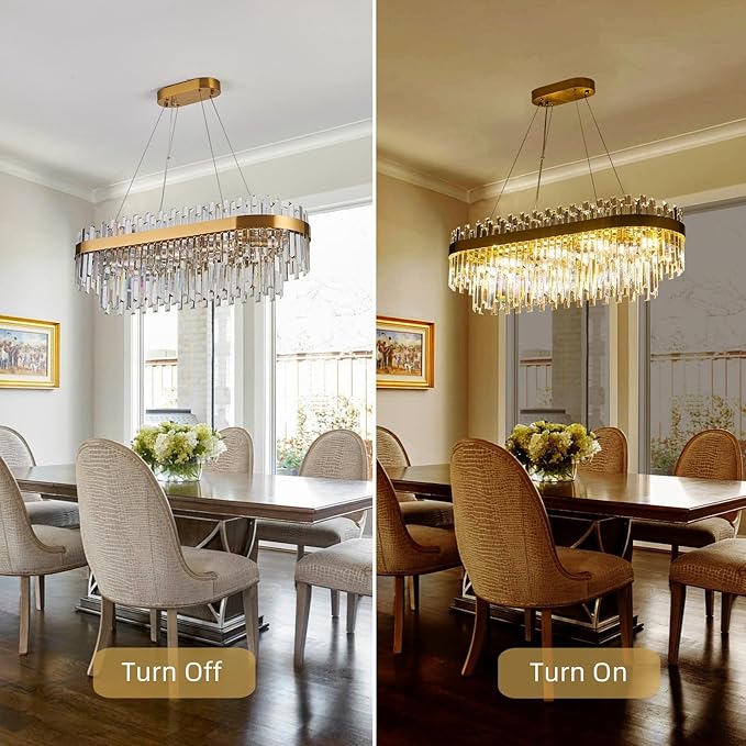 Gold Crystal Chandelier for Dining Room, 35.4" Modern Luxury 2-Tier K9 Crystal Oval Chandelier, 10-Light E12 Base Pendant Light, Height Adjustable for Kitchen Island Living Room Light Fixture