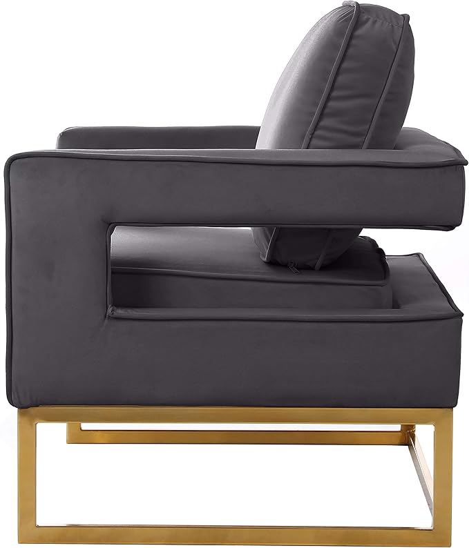 Meridian Furniture Noah Collection Modern | Contemporary Velvet Upholstered Accent Chair with Durable Stainless Steel Base, Grey, Gold Base