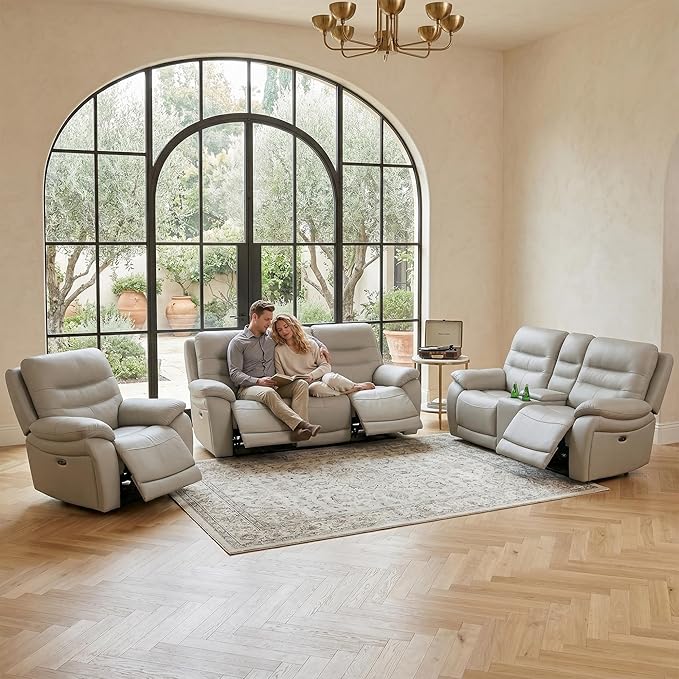Power Reclining Sofa Set, Genuine Leather Recliner Couch, Light Grey Leather Sofa and Loveseat, Chair, Top Grain Leather Furniture with Cup Holders/Storage/USB Port for Living Room, Apartment, Office