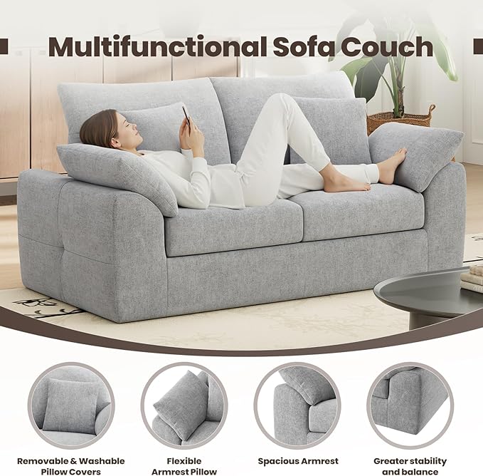 MALOL 76" Boneless Loveseat Sofa, Cloud Foam Couch, 3 Seater Upholstered Midcentury Mondern Love Seat, Wide Armrest and 4 Pillows for Home Living Room/Small Spaces, No Assembly Required, Grey
