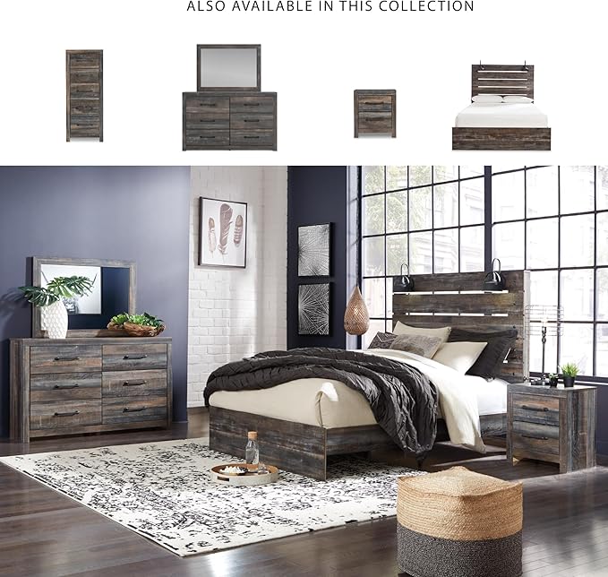 Signature Design by Ashley Drystan Rustic Smooth-Gliding 6-Drawer Dresser and Mirror with Safety Stop, Gray & Dark Brown