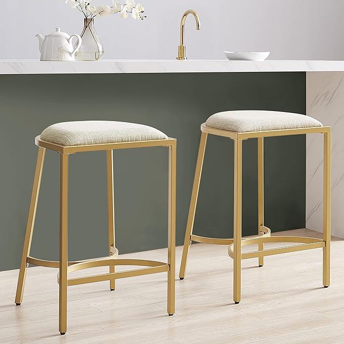Crosley Furniture Ellery Upholstered Seat Counter Height Bar Stools Set of 2, Oatmeal/Gold