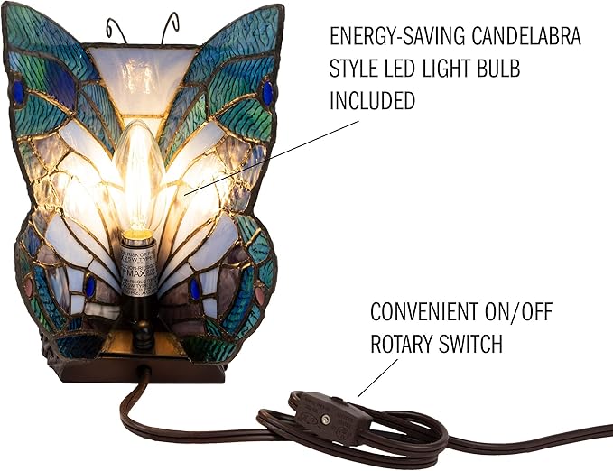 Tiffany Style Butterfly Lamp - Stained Glass Table or Desk Light LED Bulb Included - Colorful Vintage Look Butterfly Decor by Lavish Home
