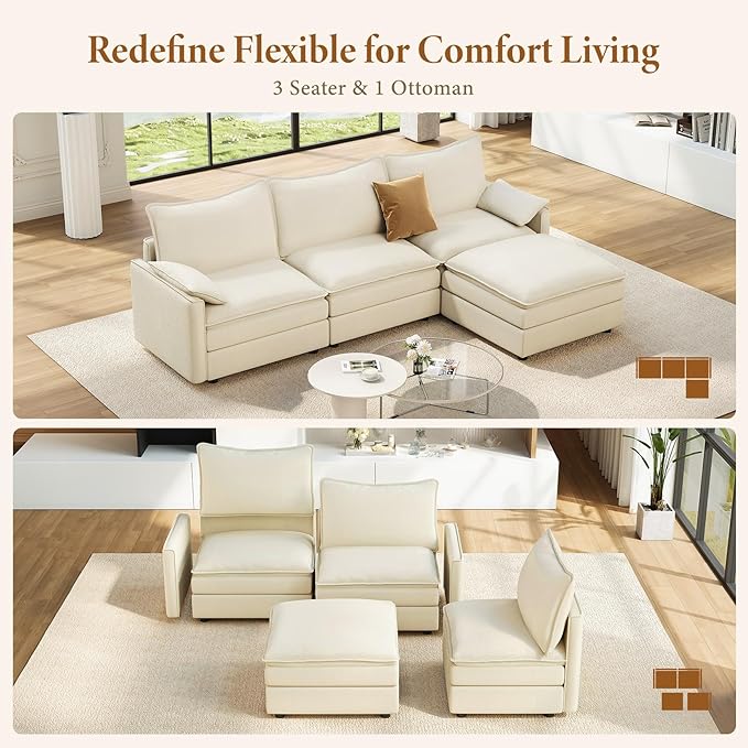 Vesgantti 108" Modular Sectional Sofa, Comfy Cloud Couch with Movable Ottoman Deep Seat Chenille L Shaped Modular Sofa, Sectional Couches for Living Room, Bedroom and Apartment, Beige White | Sink-in Comfort, Height Adjustable, Easy Rearrangement, Extr...