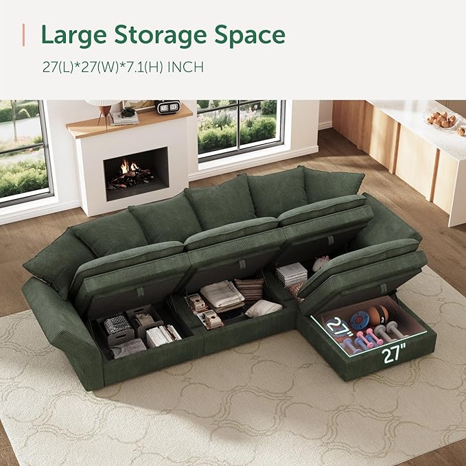 HONBAY Modular Sectional Sofa, 105.5 Inch Corduroy Sectional Couch, 4 Seaters L Shaped Sofa with Storage & Pillows for Living Room, Green