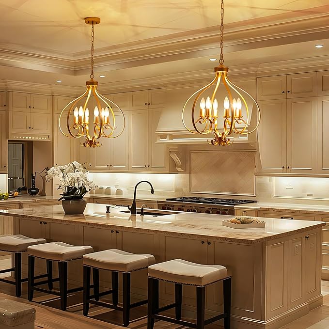 6 Lights Gold Farmhouse Chandelier for Dining Room,19.68" Large Modern Vintage Rustic Adjustable Gold Chandelier Pendant Light Fixtures for Kitchen Island Living Room Entryway Hallway Foyer Bedroom