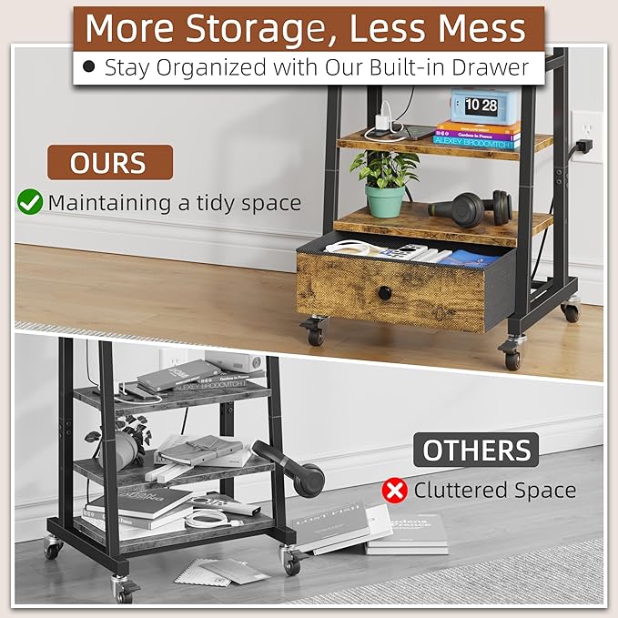 Rolling TV Stand with Wheels and Mount & Fabric Drawer - Entertainment Center with Power Outlet and Small TV Stand for Bedroom, Living Room - 15" Rustic Brown