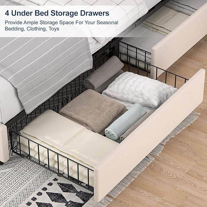 VECELO Full Size Platform Bed Frame with Type-C & USB Charging Stations/4 Storage Drawers, Upholstered Adjustable Headboard, Strong Wooden Slats Support, No Box Spring Needed, Easy Assembly