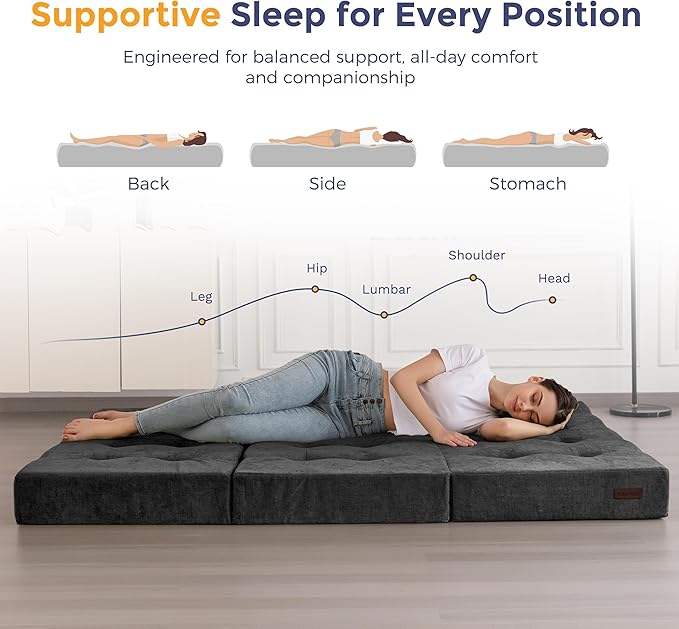 MAXYOYO Tri-Fold Mattress, 6 Inch Tufted Folding Mattress with Chenille Fabric, Portable Twin Size Floor Guest Mat for Adults, Foldable Topper for Camping, Dark Grey, 35.4"x75"