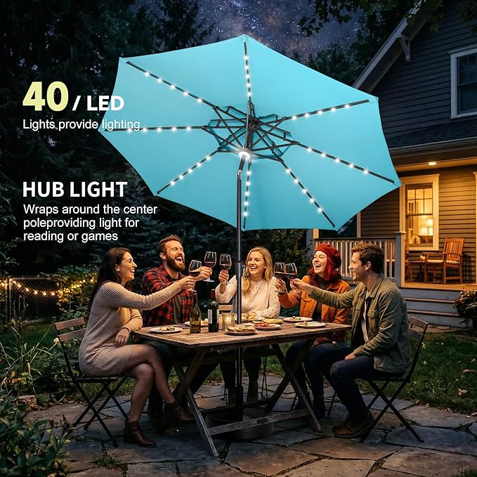 9FT Solar Umbrella Outdoor - 2 Tiers Lighted Solar Patio Umbrella with 40 LED Lights Waterprool UV Protection, Table Umbrella with Tilt for Pool, Porch, Garden, Backyard (Aqua Blue)