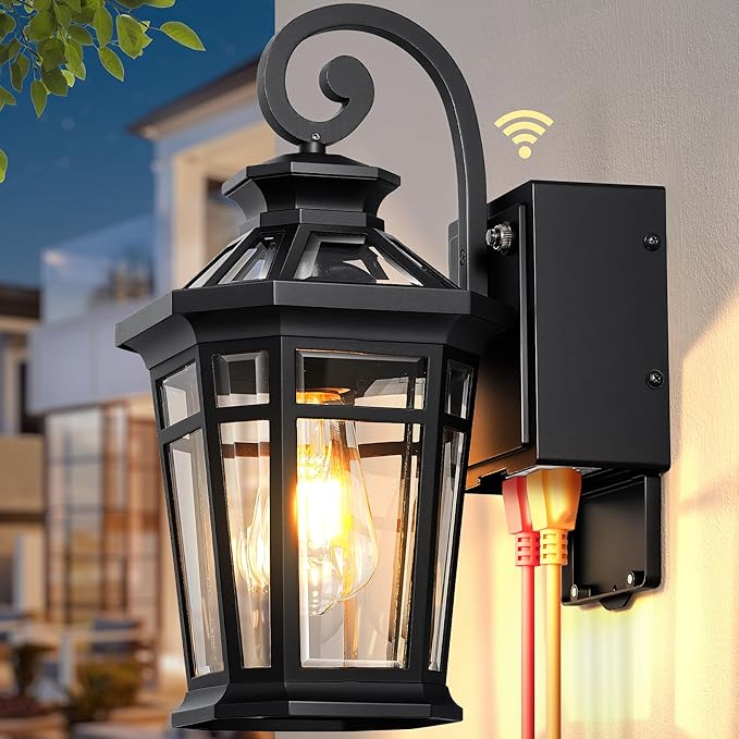 Porch Light with GFCI Outlet, Black Dawn to Dusk Outdoor Light Fixture with Outlet, Exterior Wall Lights with Beveled Glass, Anti-Rust Front Door Lights Wall Mount, Garage Outdoor Lighting, E26