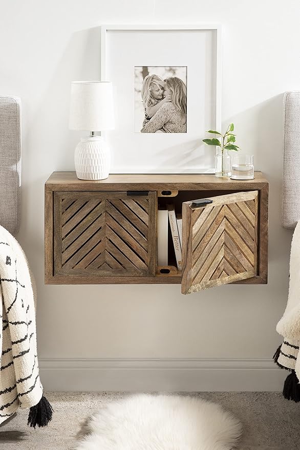 Kate and Laurel Mezzeta Boho Decorative 2-Door Wall Cabinet; 30 x 10 x 14; Natural Wood; Decorative Modern Storage Cabinet with Doors