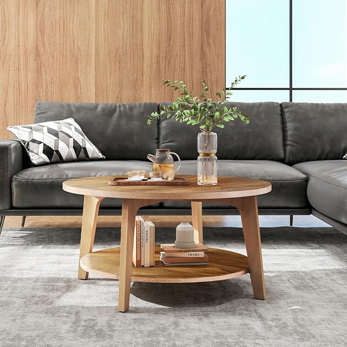 OLIXIS Round Coffee Table, 32'' Wood Coffee Tables for Living Room with Storage, 2-Tier Center Circle Counter with Wooded Desktop, 50 lbs Capacity, Anti-Slip Feet, Modern Farmhouse Design, Brown
