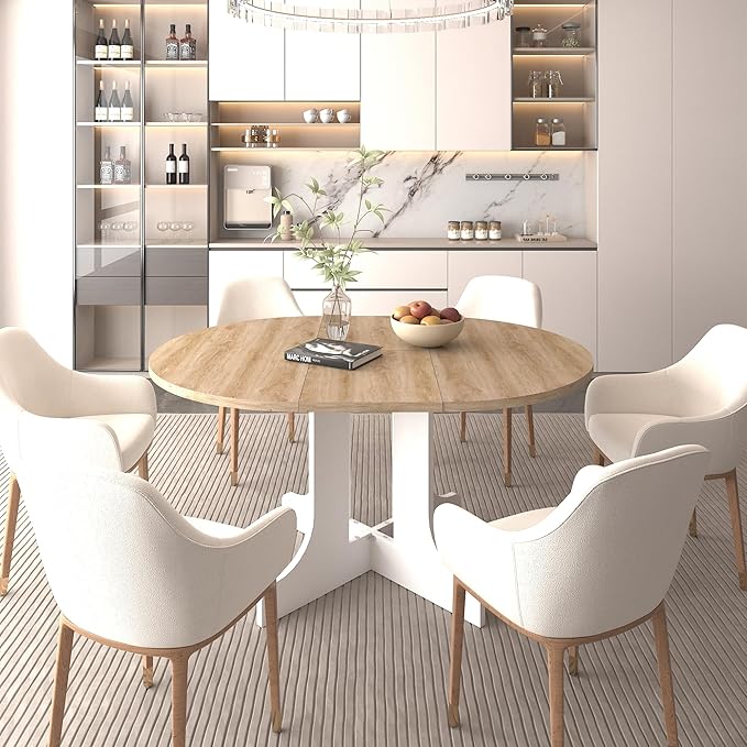 Ball & Cast Extendable Round Dining Table for 4-6,43.3-59" Transformer Kitchen Table W/Removable Leaf Trestle & X-Shaped Base,Farmhouse Oval Extendable Dining Room Table for Small Space,White Oak