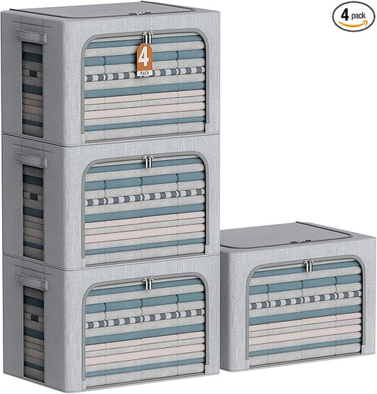 CYhom 4 Pack Clothes Storage Bins with Metal Frame - Linen Fabric Foldable Stackable Container Organizer Set with Clear Window & Carry Handles & Zippers (Light Grey, 23.6"x16.5"x15.7")