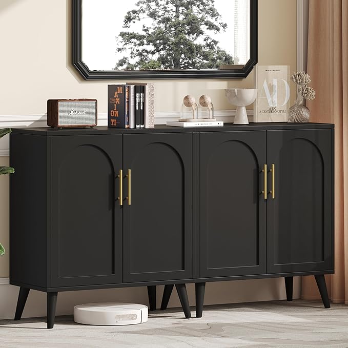 15.7" D Set of 2 Modern Buffet Cabinet with Storage, Buffet Sideboard with Adjustable Shelf and Solid Wood Legs, Accent Floor Storage Cabinet for Kitchen, Living Room and Entryway, Black
