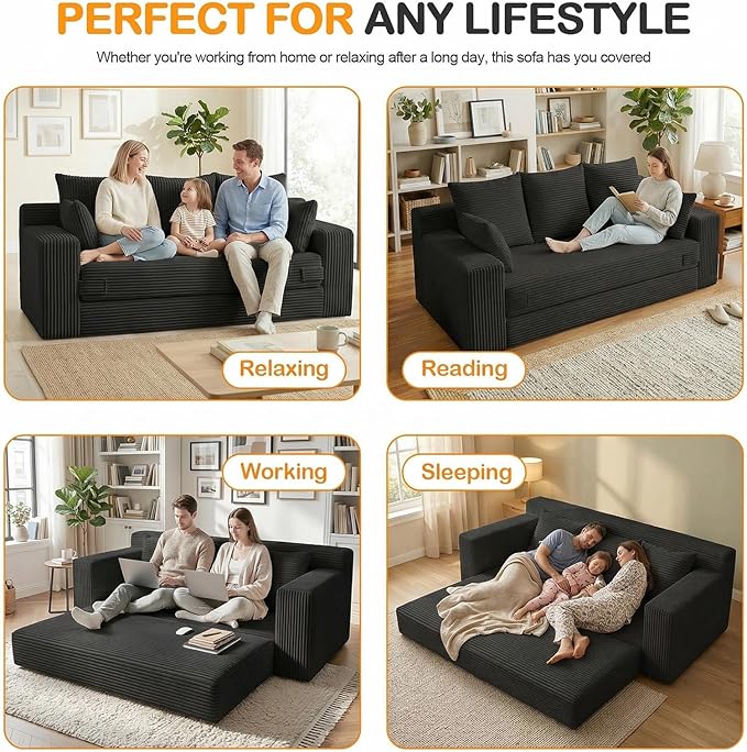 Oversize Boneless Loveseat Convertible Sofa Bed, Folding Floor Futon Sleeper Sofa Queen Size Couch Bed- Boneless Foldable Couch, Corduroy Pull Out Sofa Bed with 5 Pillows for Living Room & Bedroom