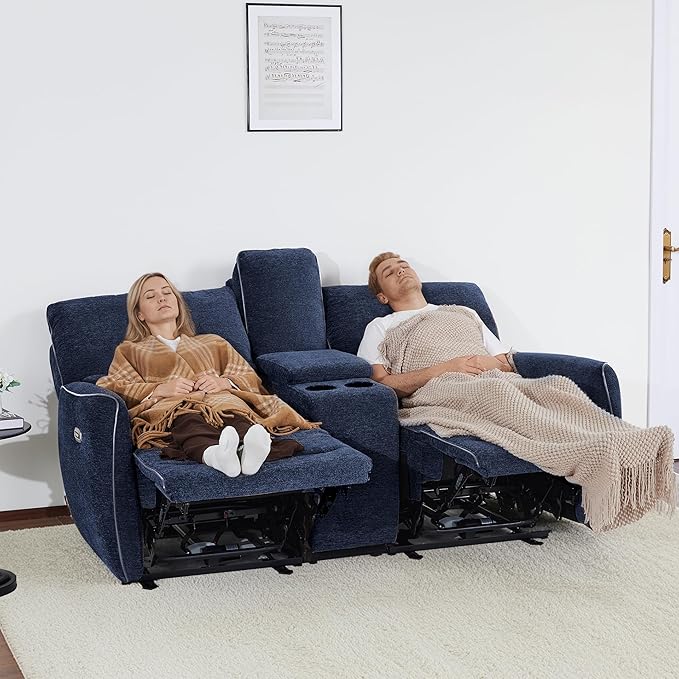 MCombo 75" Wall Hugger Power Loveseat Recliner Sofa with Console and Adjustable Headrest, RV Reclining Loveseat with USB Ports for Living Room 6926 (Navy Blue, Loveseat with Console)
