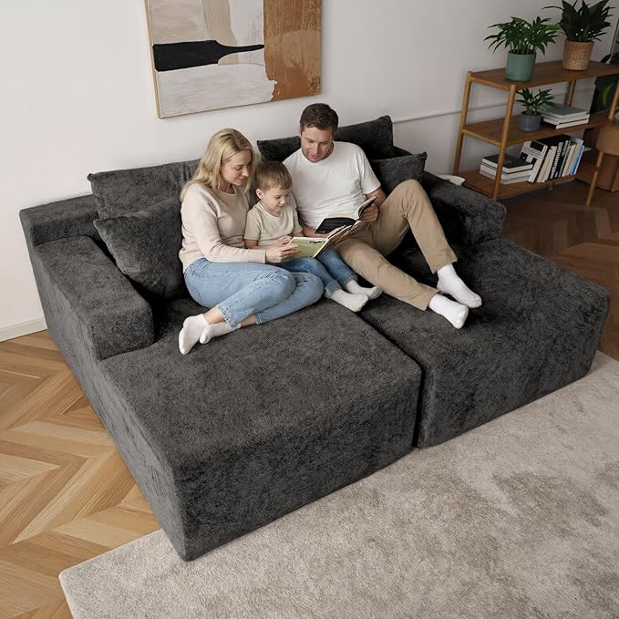 Sytopia Loveseat Chaise Lounge with Armrests, Oversized Sofa Bed with 4 Pillows, Cozy Boneless Sleeper, Modular Sectional Couch for Living Room Bedroom, Floor Chair Furniture sala Chenille, Black