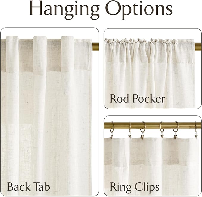 NICETOWN Linen Burlap Bedroom Curtains Natural, Rustic Rod Pocket & Back Tab Semi Sheer Flax Linen Weve Drapes Privacy with Light Filtering Window Treatmentes for Nursery, W37 x L60, Set of 2