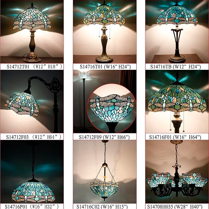 WERFACTORY Tiffany Pendant Light Fixture Sea Blue Stained Glass Dragonfly Hanging Lamp Wide 16 Inch, Height 40 Inch S147 Series