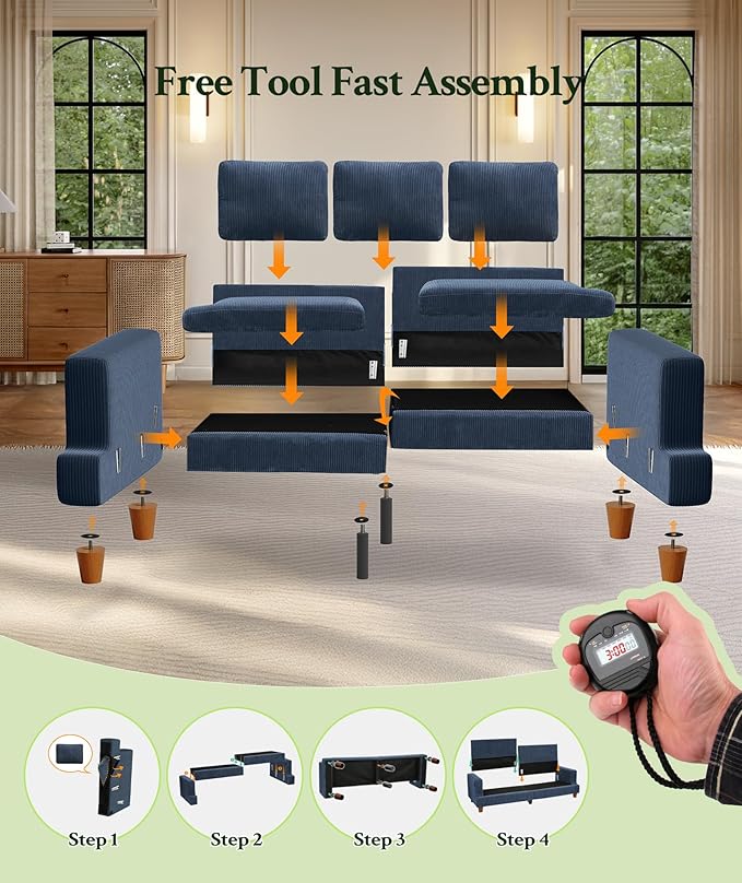 Welzona 87.2" Couches for Living Room, Comfy Blue Couch 7.5" Extra Thick Cushion, Sofas for Living Room Tool-Free Setup, Loveseat Sofa 848lbs Support, Corduroy Couch for Bedroom, Apartment, Office