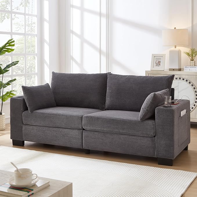 Eafurn 78" Corduroy Loveseat Sofa, Modern 2 Seater Couch with Dual Cup Holders & USB Charging Ports, Comfy Upholstered Small Sofa with Side Storage Pockets for Apartment, Living Room