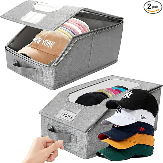 2 Pcs Stackable Baseball Cap Organizer, Washable Odorless Oxford Cloth with Smooth Durable Metal Zipper, Clear Window Holds 24 Caps, Hat Box for Closet/Home (Grey, Small 12.1 x 8.7 x 6.7 inches)